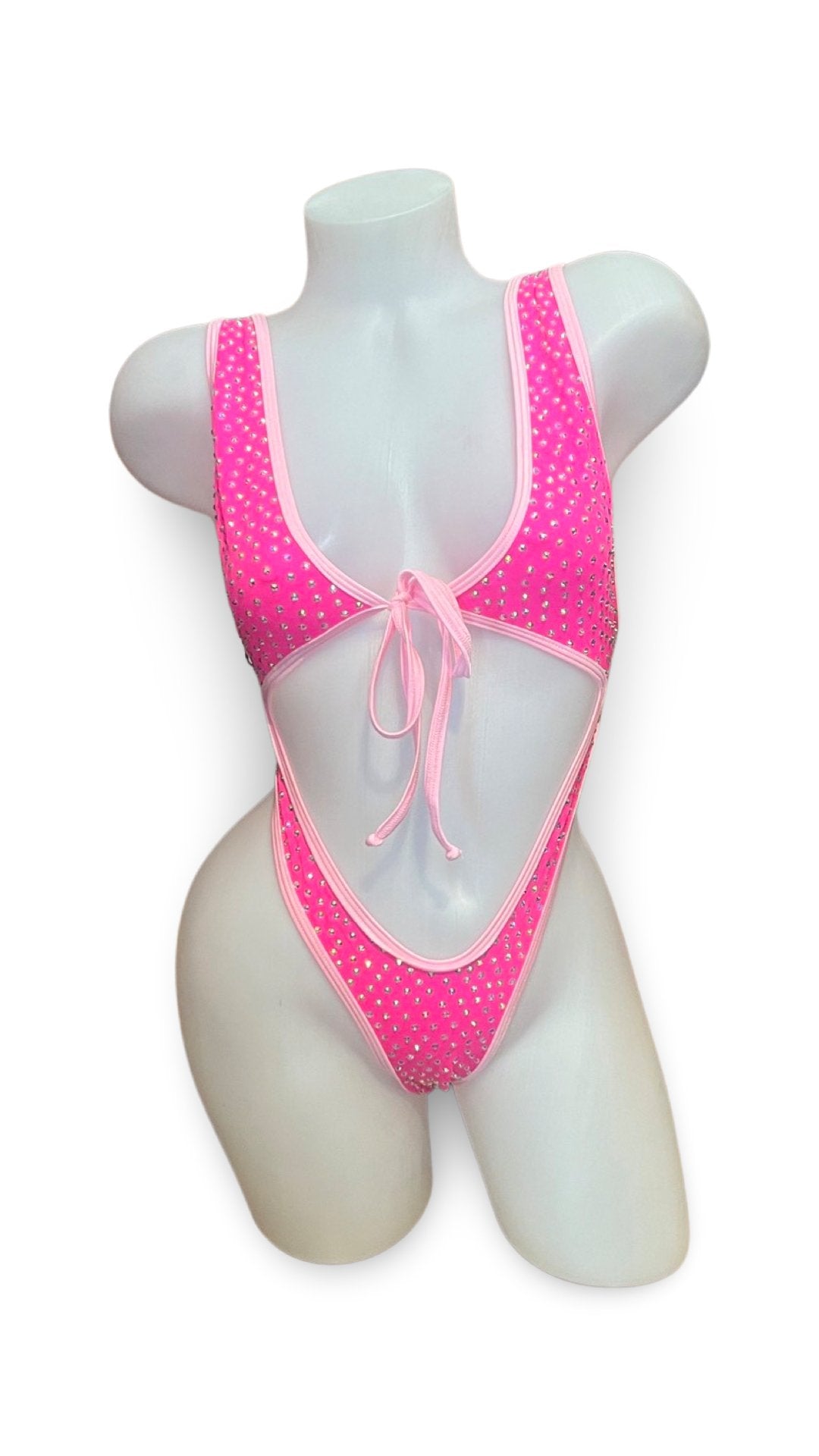 Rhinestone Front Tie One Piece Light Pink/Hot Pink - Model Express VancouverBikini