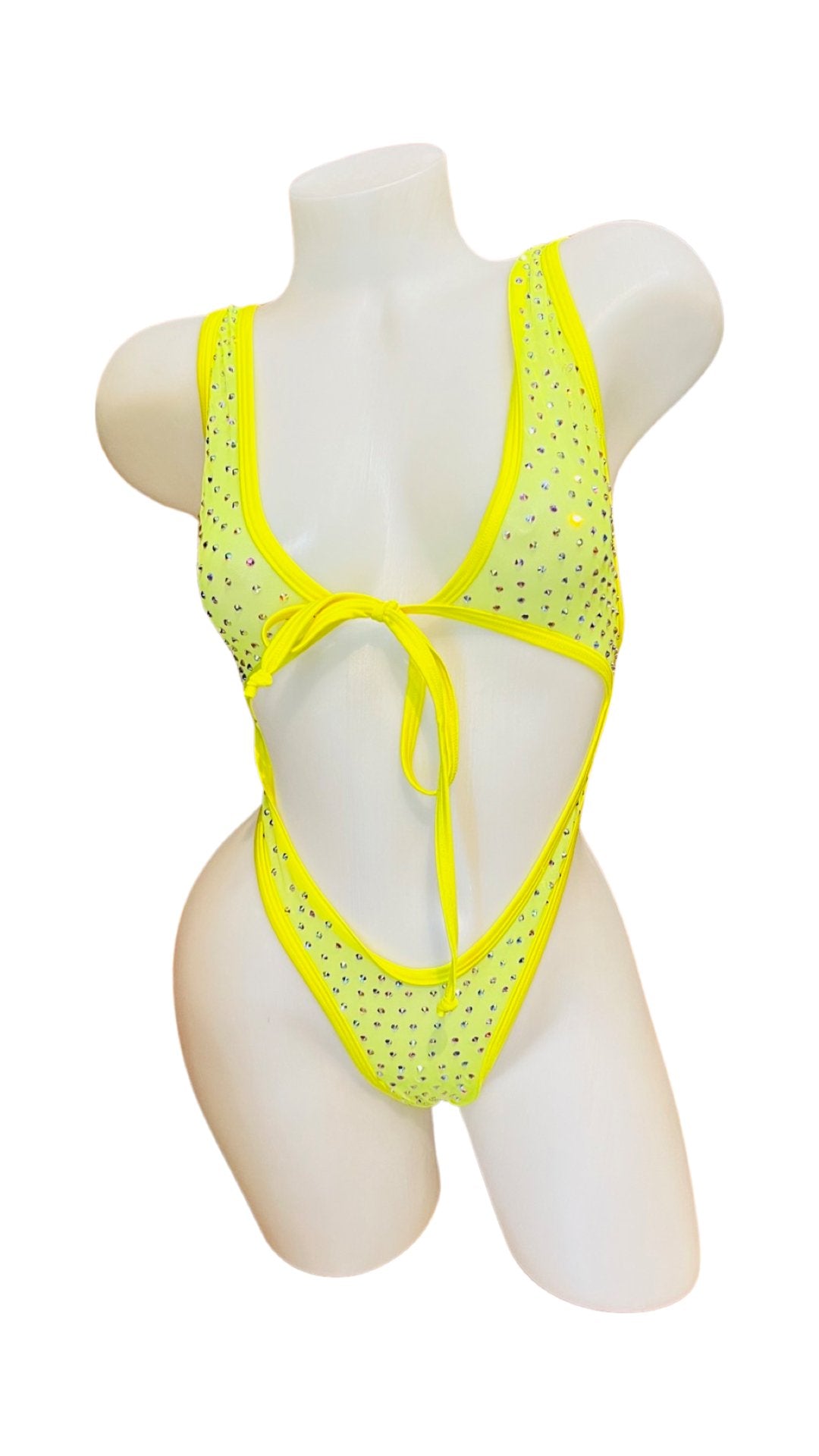 Rhinestone Front Tie One Piece Mesh Neon Yellow - Model Express VancouverBikini