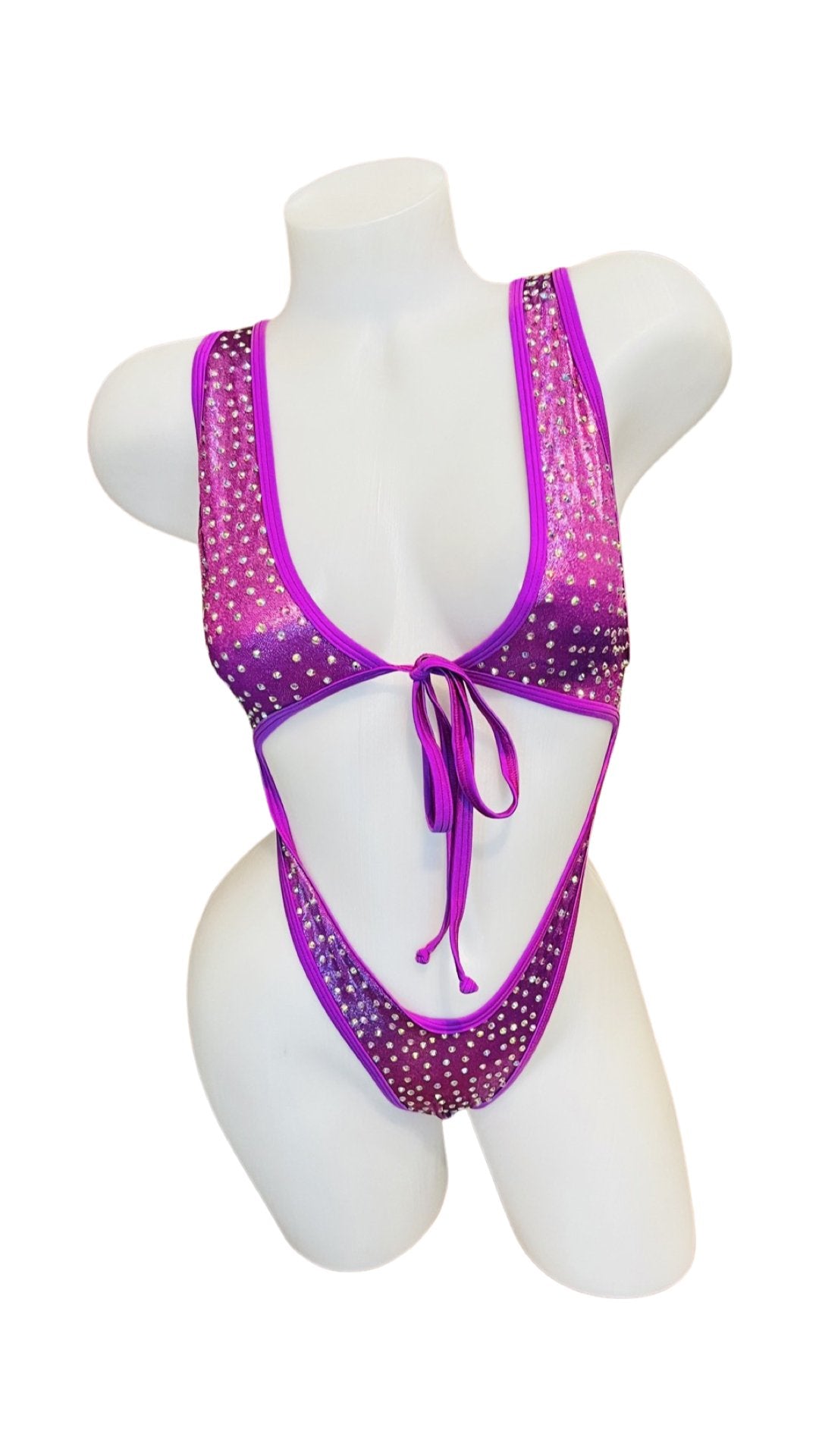 Rhinestone Front Tie One Piece Metallic Purple - Model Express VancouverBikini