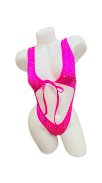 Rhinestone Front Tie One Piece Neon Pink - Model Express VancouverBikini