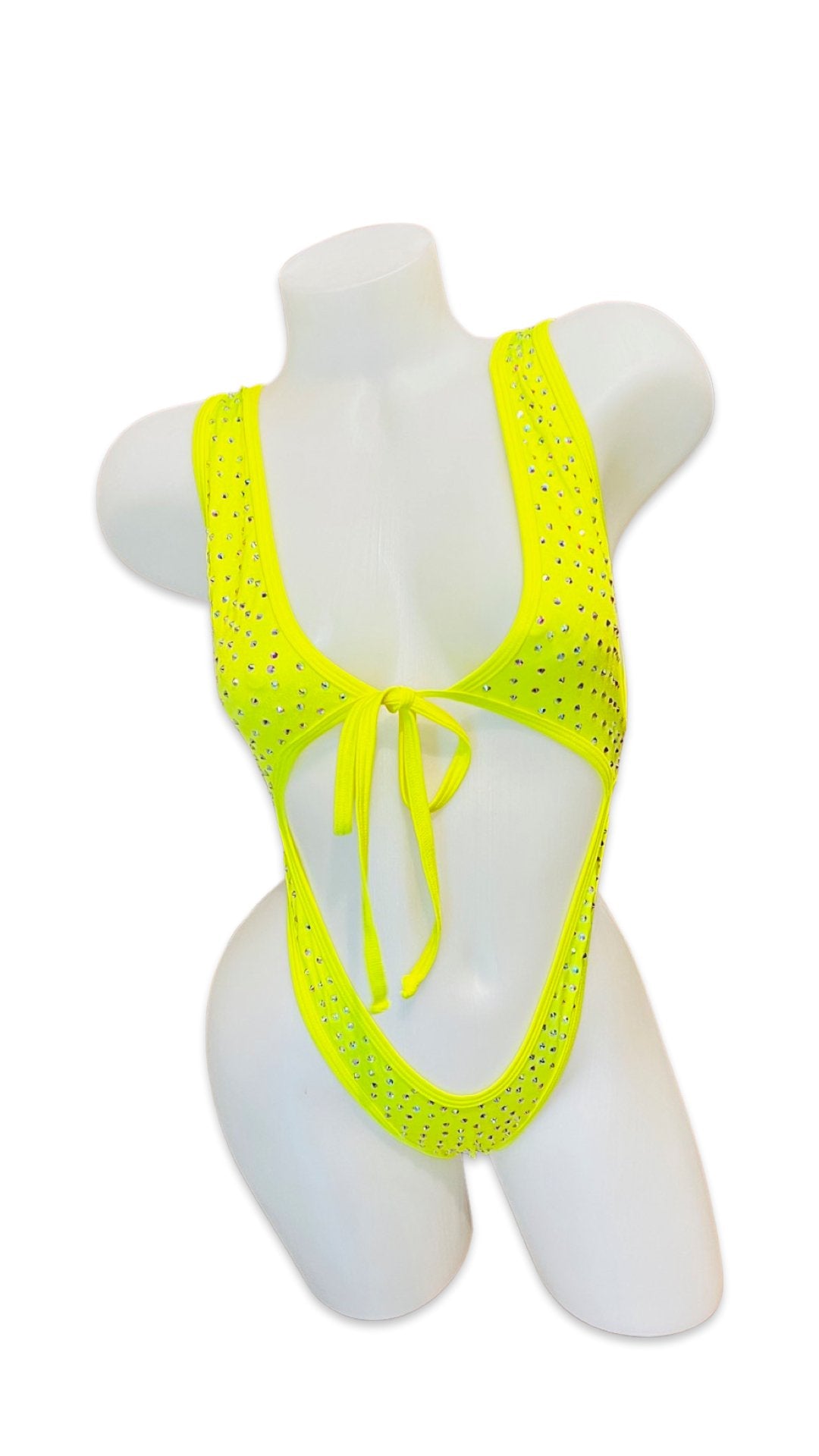 Rhinestone Front Tie One Piece Neon Yellow - Model Express VancouverBikini