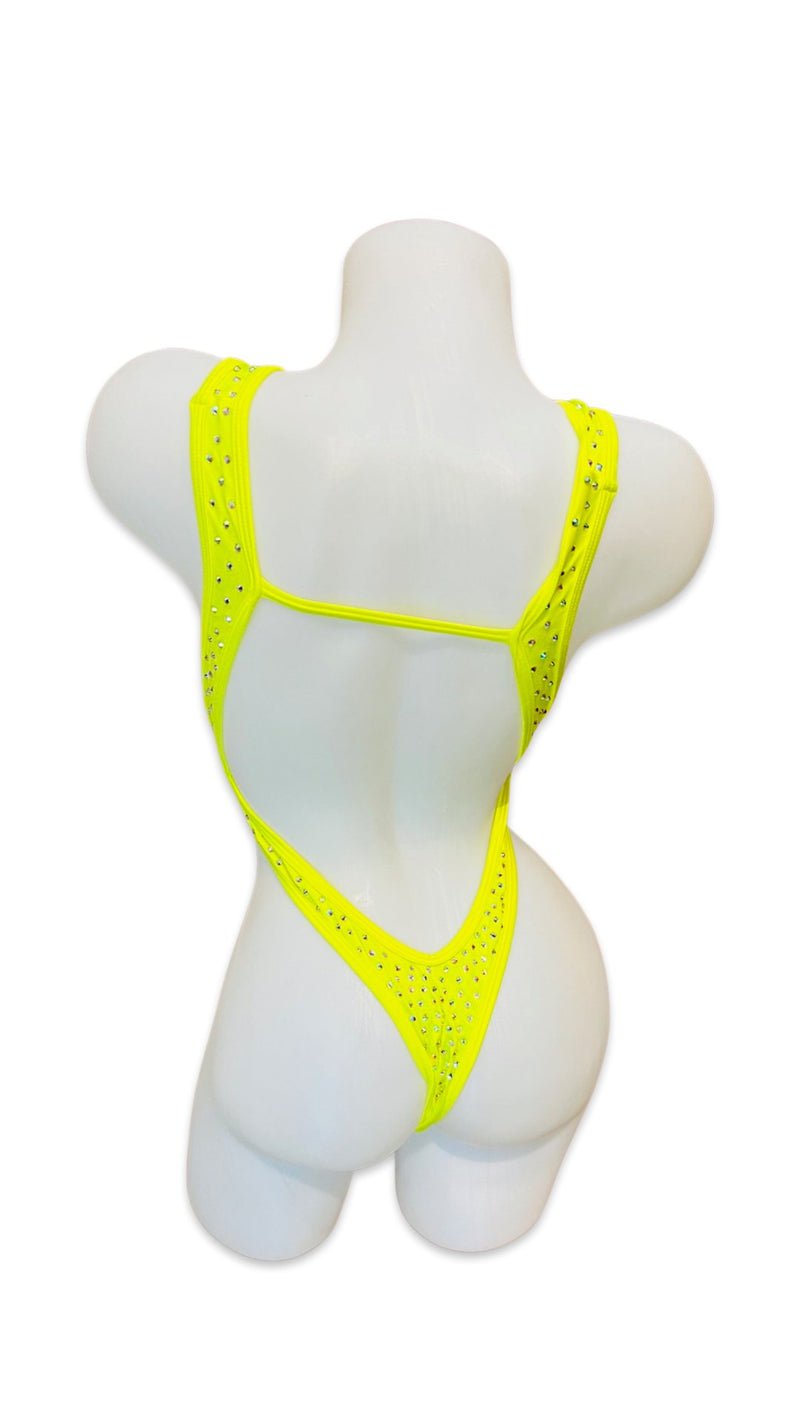 Rhinestone Front Tie One Piece Neon Yellow - Model Express VancouverBikini