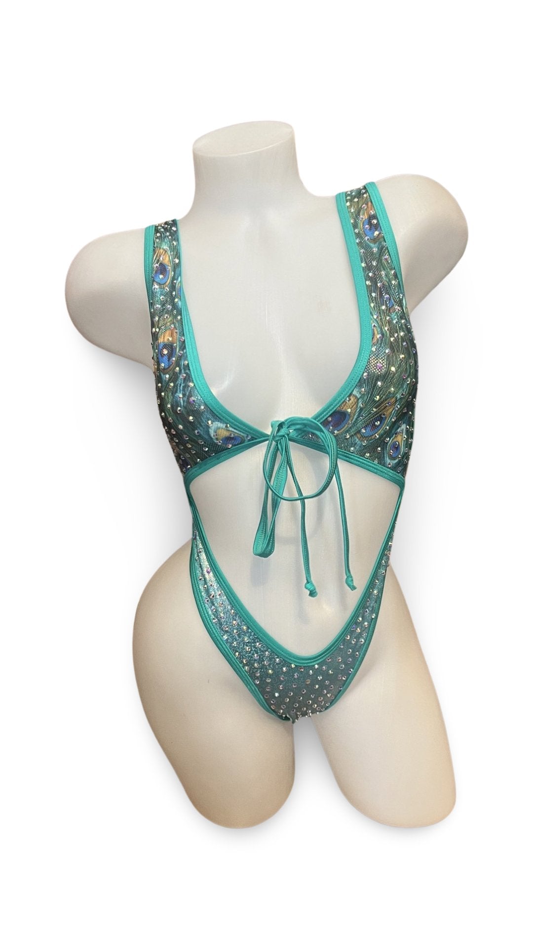 Rhinestone Front Tie One Piece Peacock - Model Express VancouverBikini