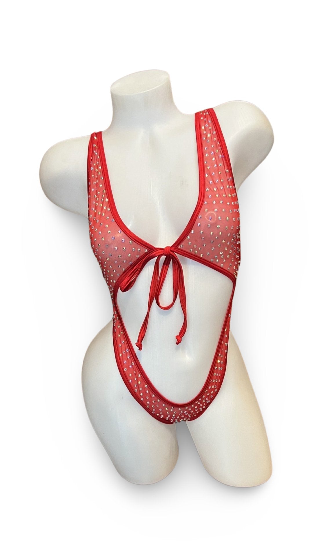 Rhinestone Front Tie One Piece Red Mesh - Model Express VancouverBikini
