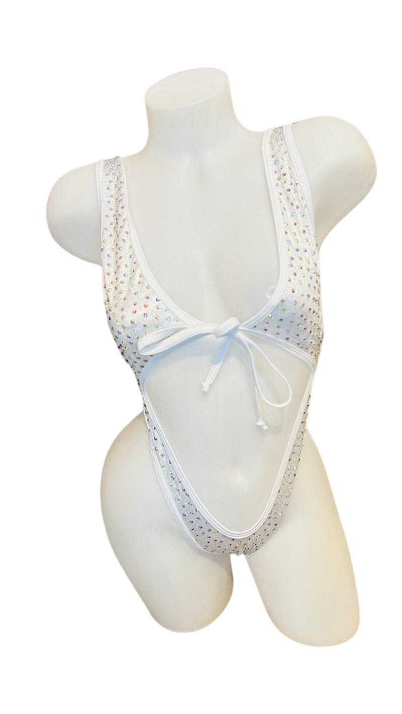 Rhinestone Front Tie One Piece Silver - Model Express VancouverBikini