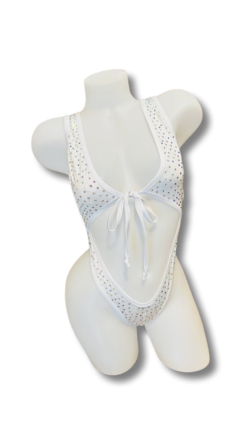 Rhinestone Front Tie One Piece White - Model Express VancouverBikini