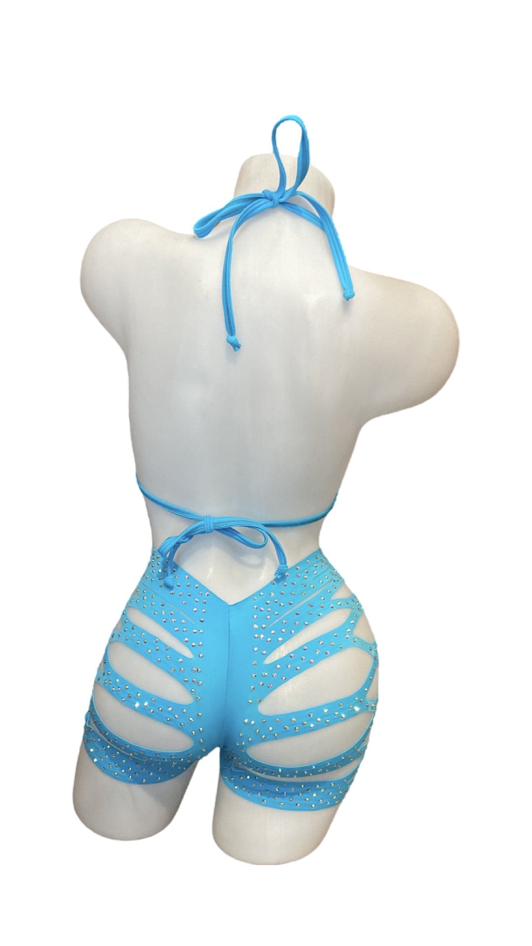 Rhinestone Halter Top and Cut Out Short Set Aqua - Model Express VancouverBikini