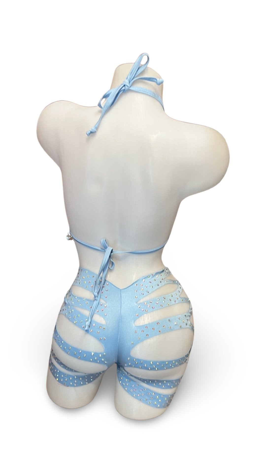 Rhinestone Halter Top and Cut Out Short Set Baby Blue - Model Express VancouverBikini