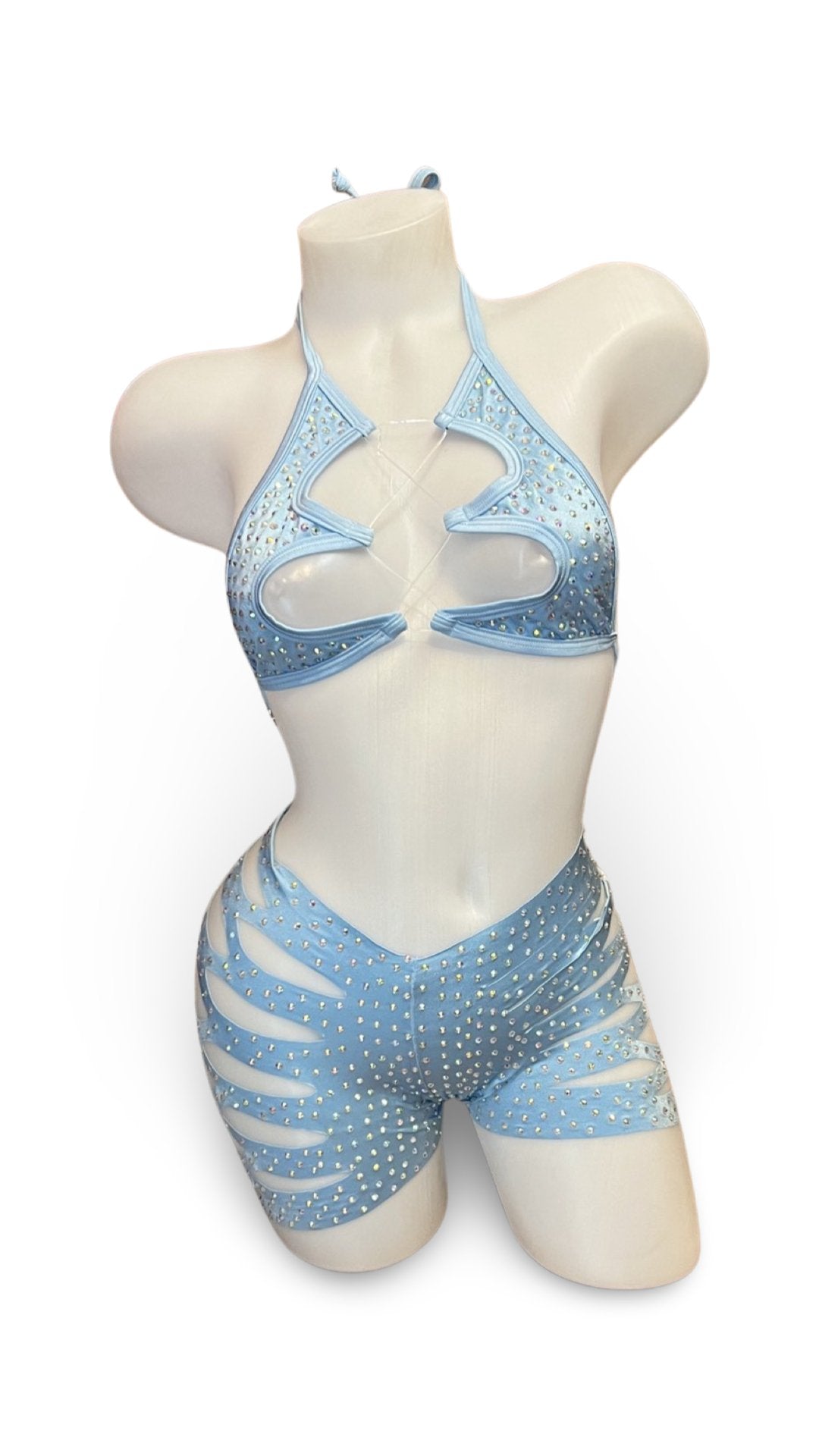 Rhinestone Halter Top and Cut Out Short Set Baby Blue - Model Express VancouverBikini