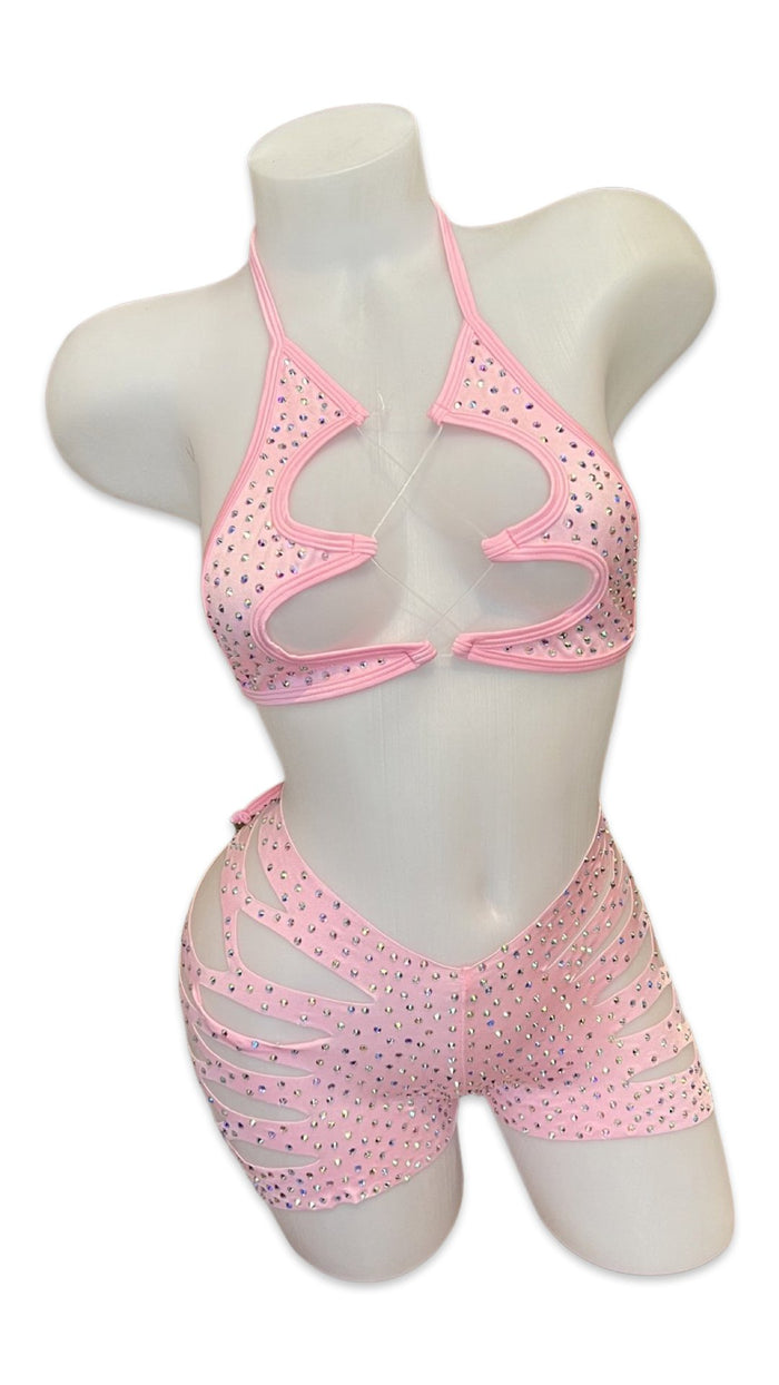 Rhinestone Halter Top and Cut Out Short Set Baby Pink - Model Express VancouverBikini
