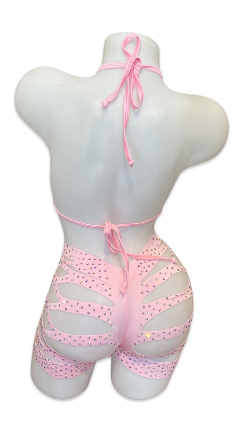 Rhinestone Halter Top and Cut Out Short Set Baby Pink - Model Express VancouverBikini