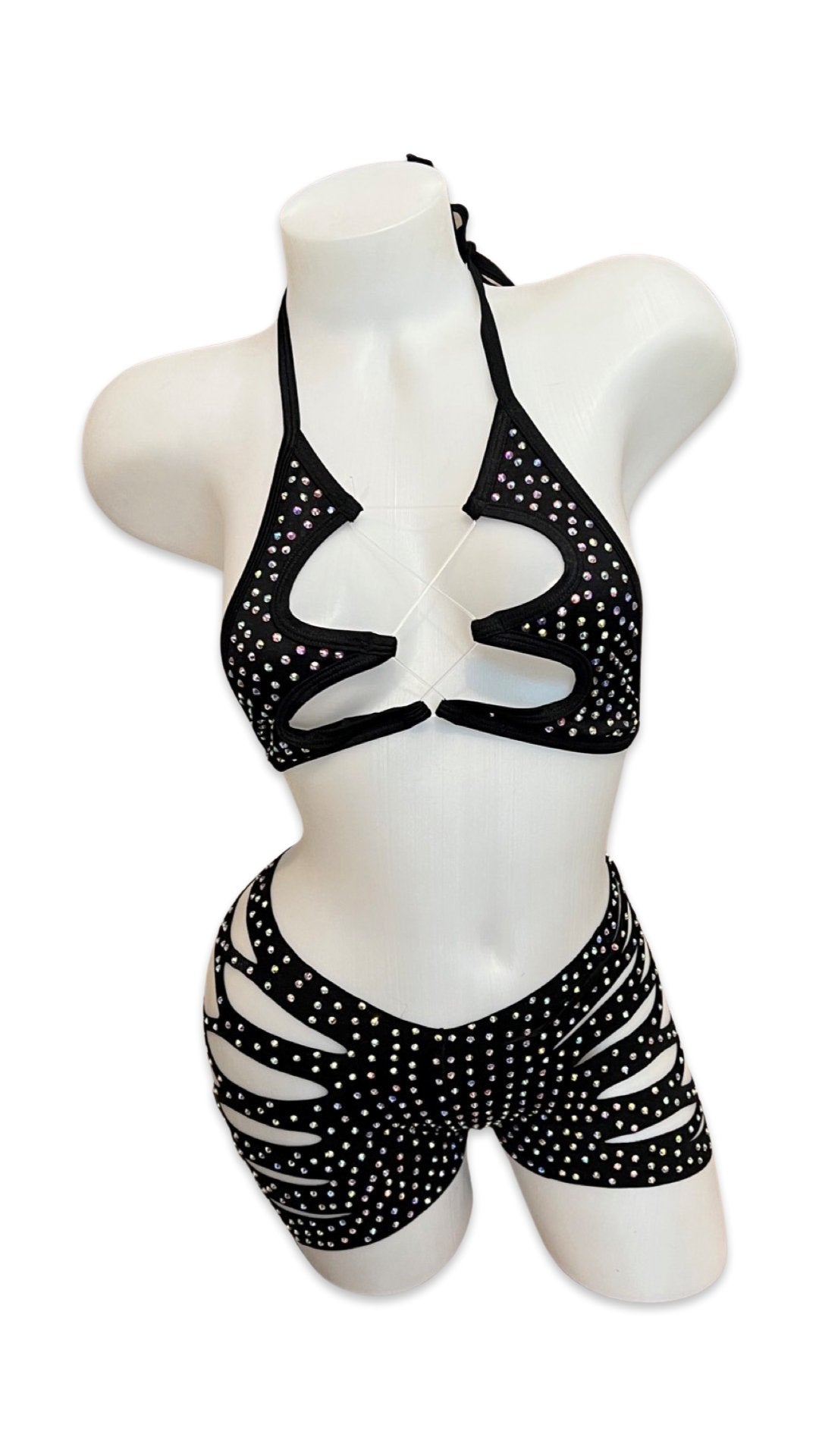 Rhinestone Halter Top and Cut Out Short Set Black - Model Express VancouverBikini