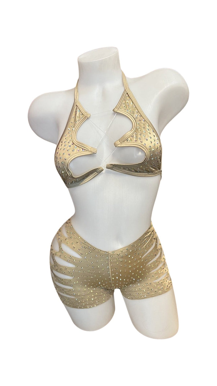 Rhinestone Halter Top and Cut Out Short Set Champagne - Model Express VancouverBikini