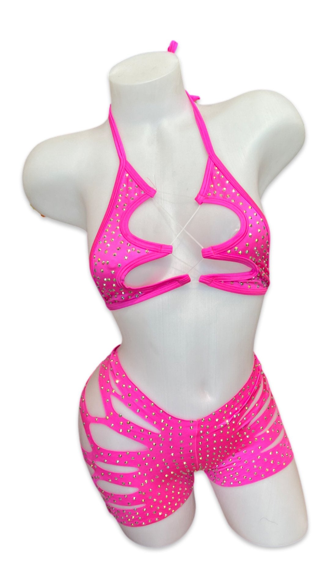 Rhinestone Halter Top and Cut Out Short Set Hot PInk - Model Express VancouverBikini