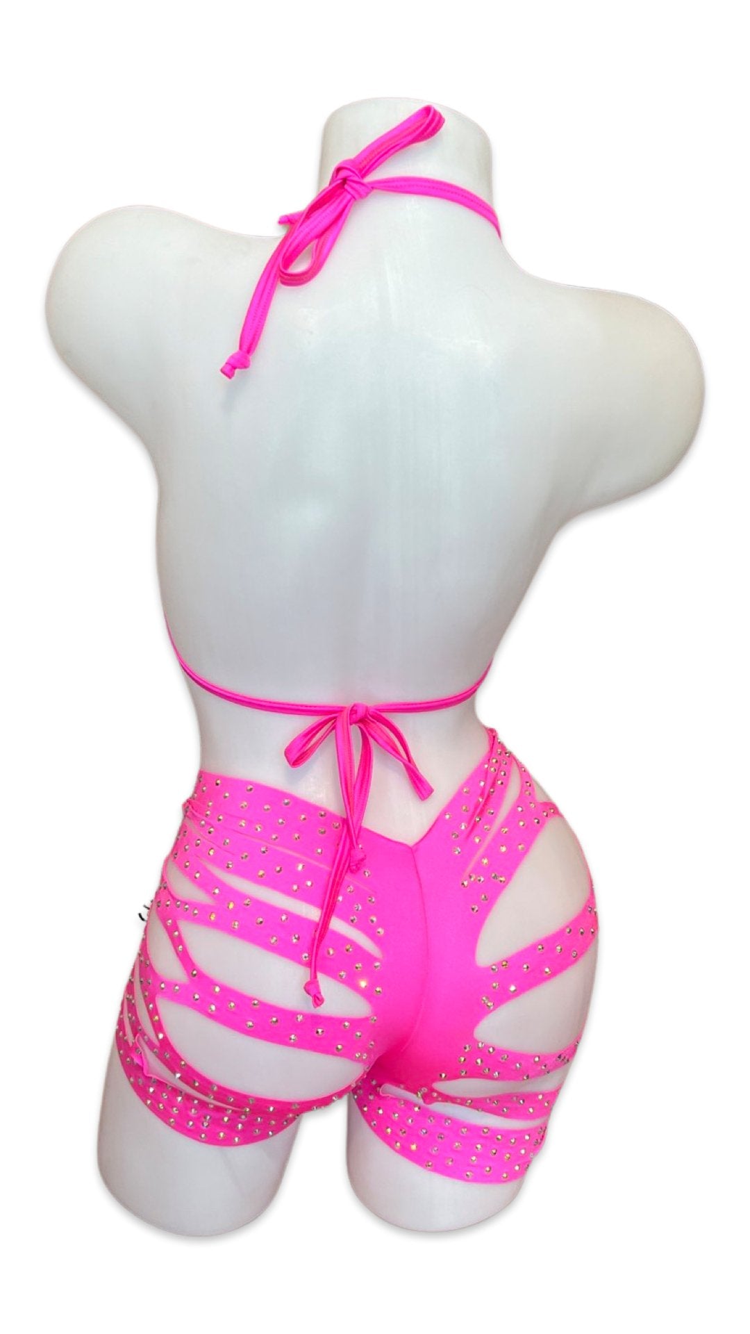 Rhinestone Halter Top and Cut Out Short Set Hot PInk - Model Express VancouverBikini