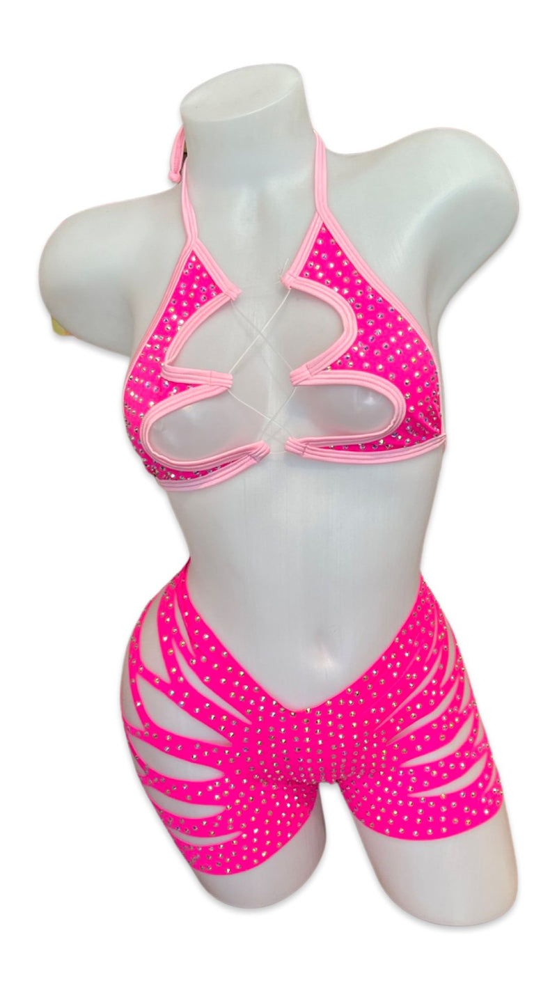 Rhinestone Halter Top and Cut Out Short Set Hot/Light Pink - Model Express VancouverBikini