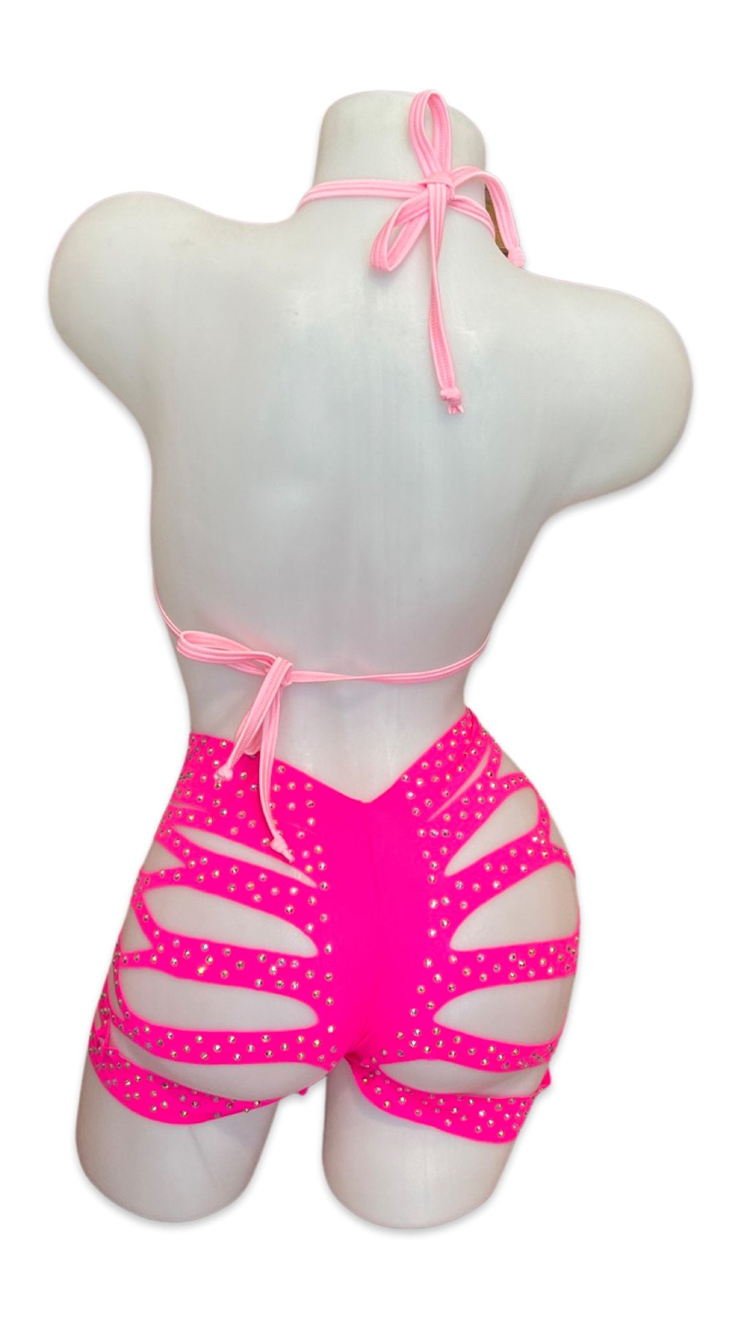 Rhinestone Halter Top and Cut Out Short Set Hot/Light Pink - Model Express VancouverBikini