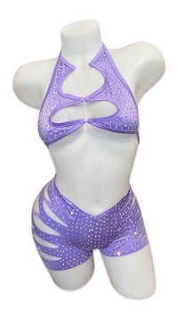 Rhinestone Halter Top and Cut Out Short Set Lavender - Model Express VancouverBikini