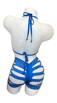 Rhinestone Halter Top and Cut Out Short Set Royal Blue - Model Express VancouverBikini