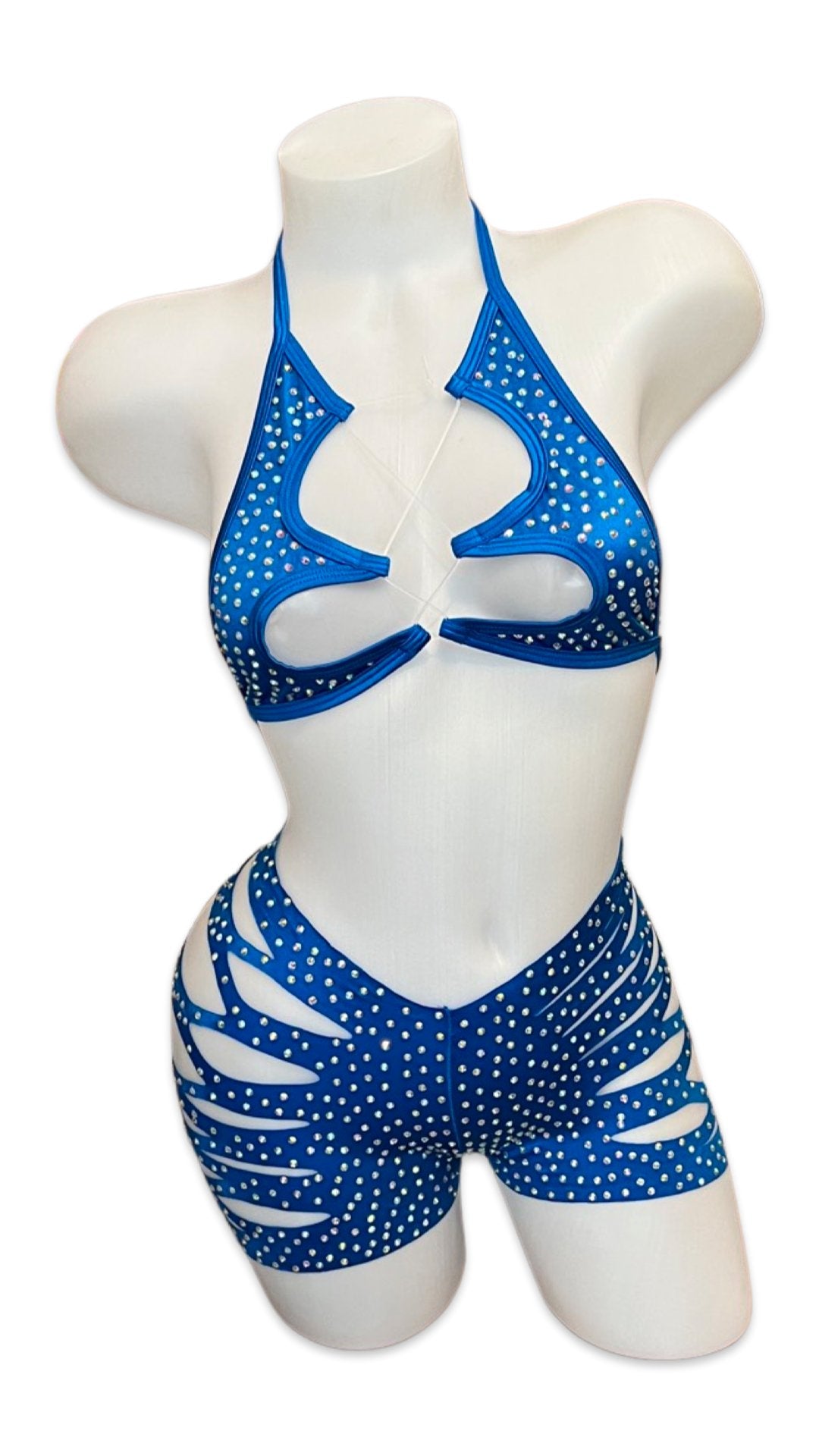 Rhinestone Halter Top and Cut Out Short Set Royal Blue - Model Express VancouverBikini