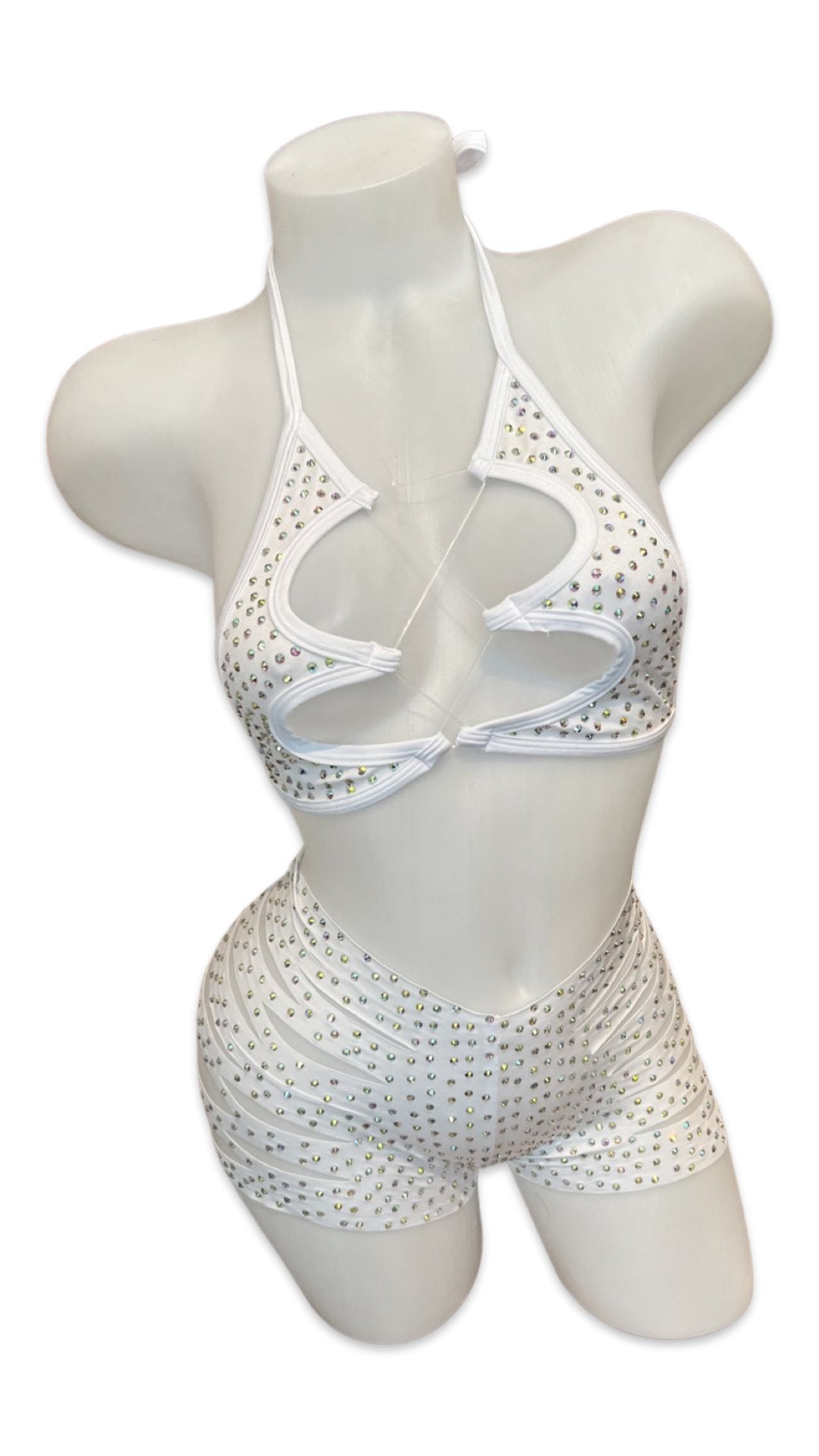 Rhinestone Halter Top and Cut Out Short Set White - Model Express VancouverBikini