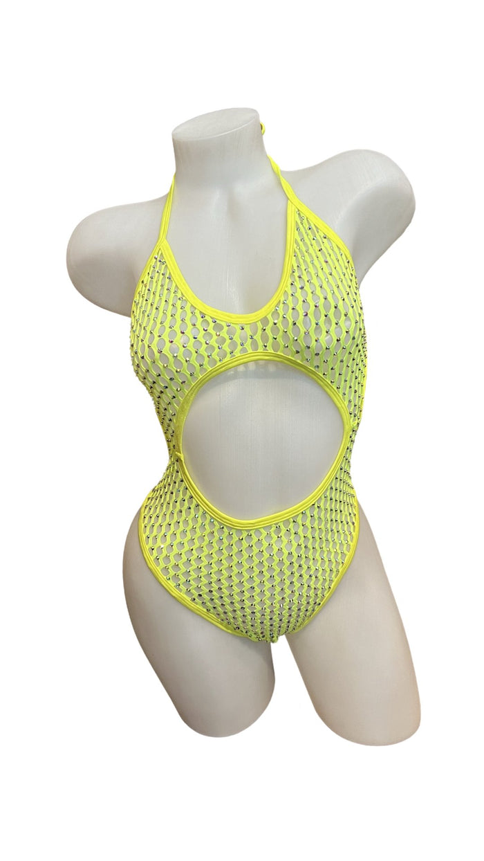 Rhinestone High Waist Front Cutout One Piece Neon Yellow - Model Express VancouverBikini