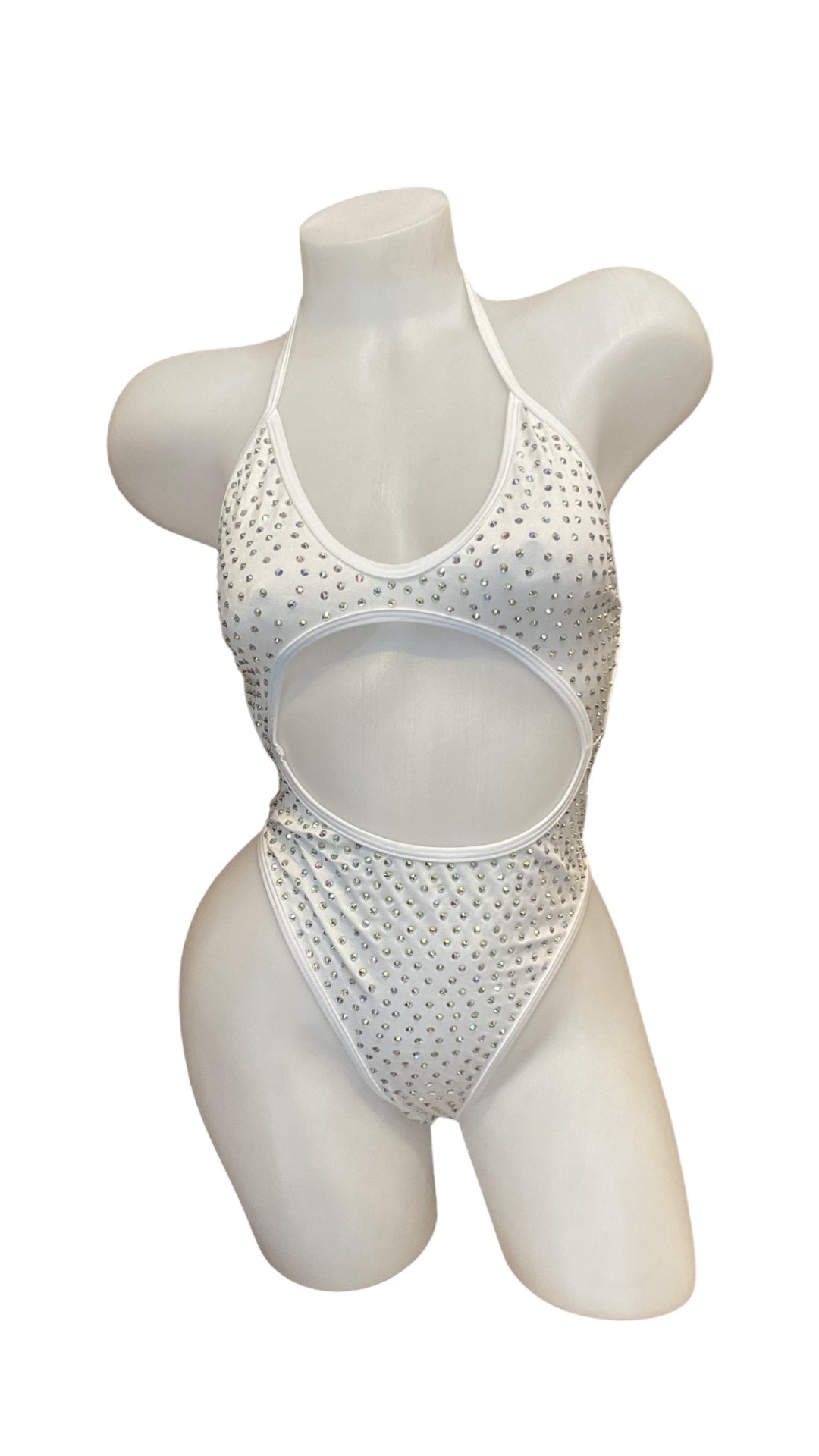 Rhinestone High Waist Front Cutout One Piece White - Model Express VancouverBikini