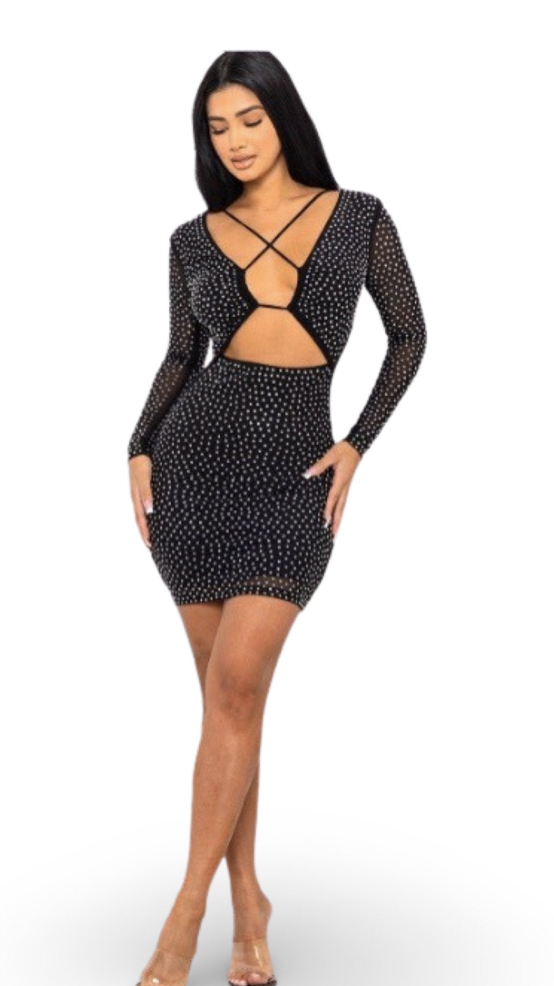 Rhinestone Long Sleeve Mini Dress Black - Model Express VancouverClothing