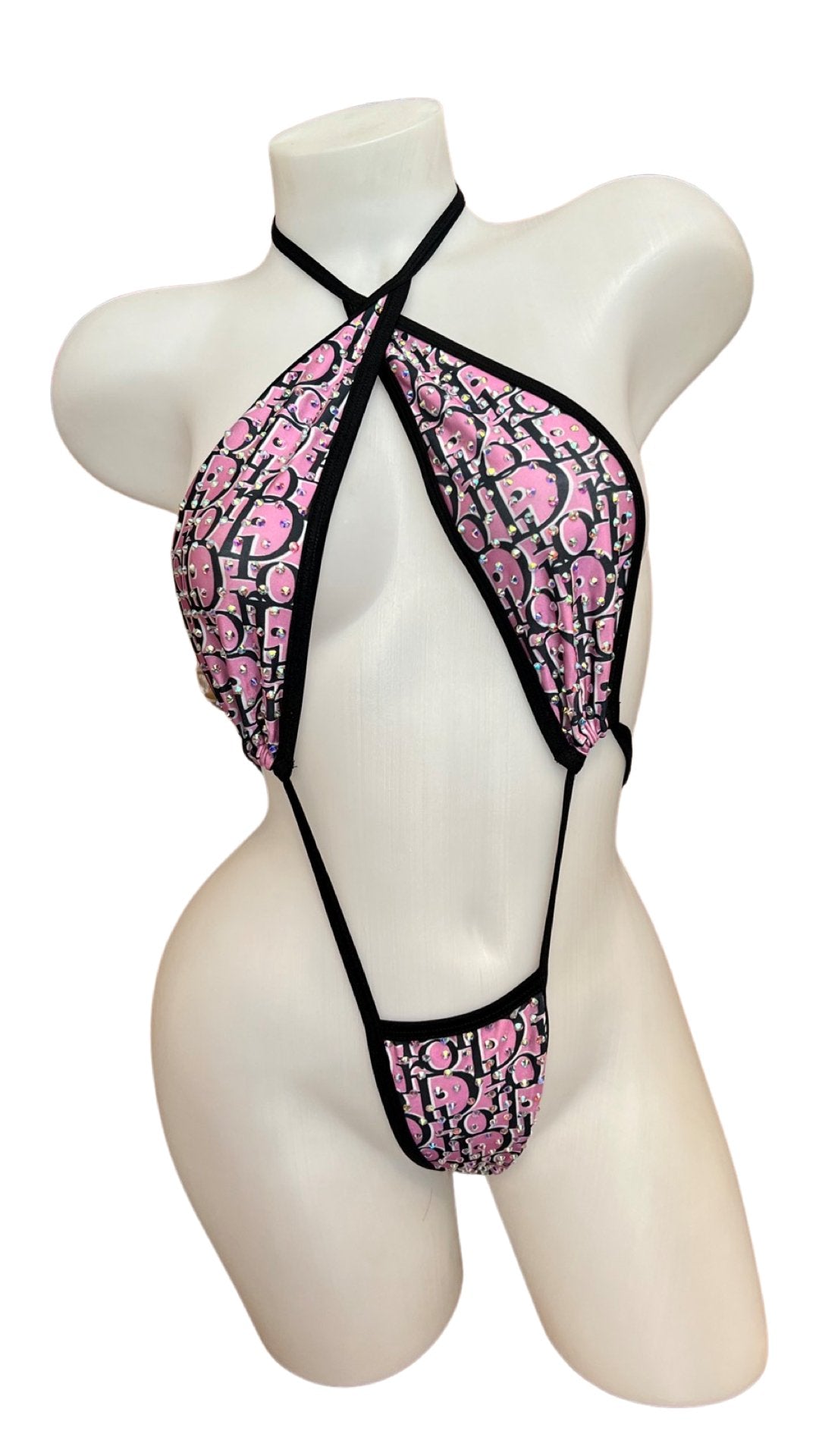 Rhinestone Sling Shot Design Black/Pink - Model Express VancouverBikini