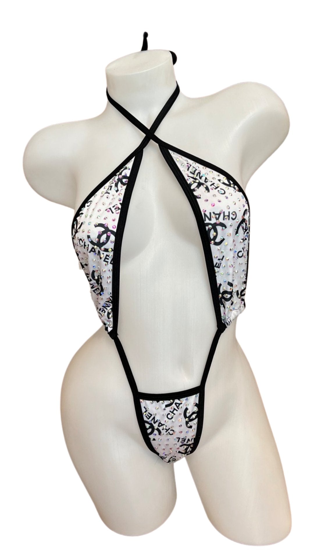 Rhinestone Sling Shot Design Black/White - Model Express VancouverBikini