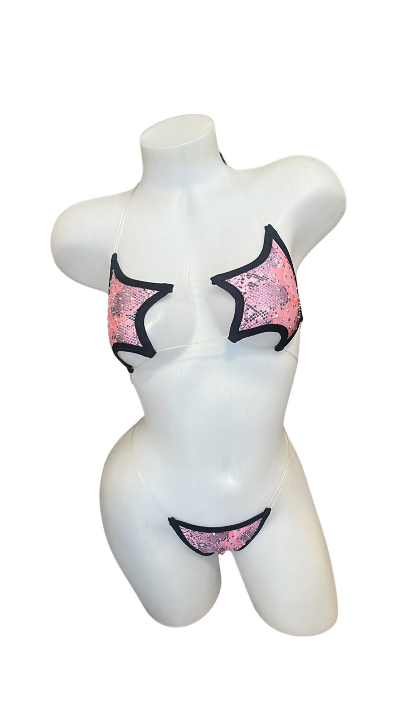 Rhinestone Star String Bikini Pink Snake - Model Express VancouverBikini