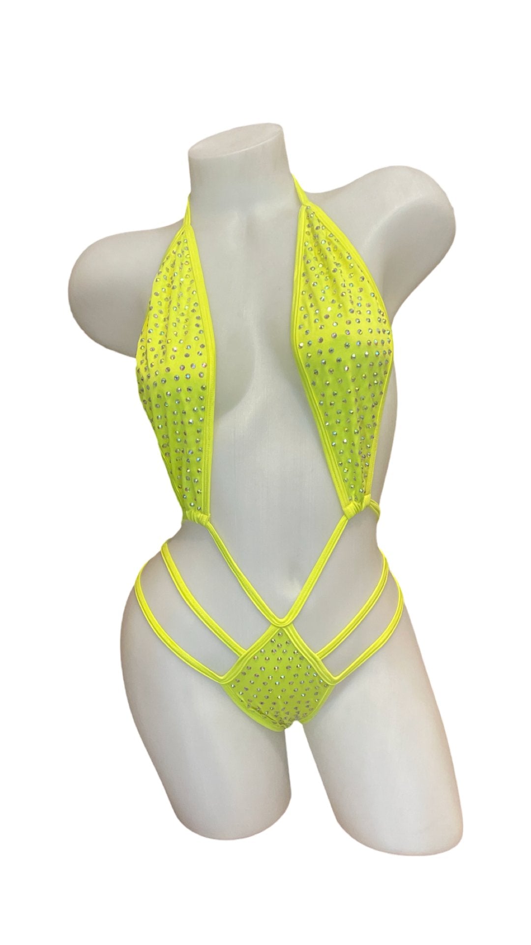 Rhinestone Strappy Fishnet One Piece Neon Yellow - Model Express VancouverBikini