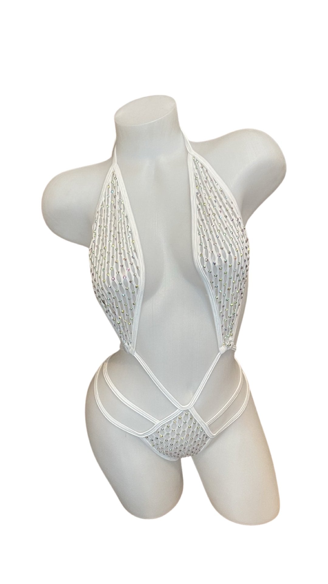 Rhinestone Strappy Fishnet One Piece White - Model Express VancouverBikini