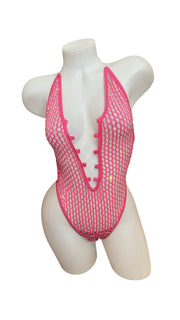 Rhinestone Stringy One Piece Fishnet Neon Pink - Model Express VancouverBikini