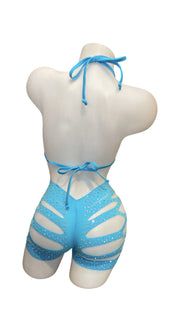 Rhinestone Triangle Top and Cut Out Short Set Aqua - Model Express VancouverBikini