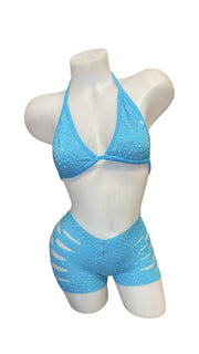 Rhinestone Triangle Top and Cut Out Short Set Aqua - Model Express VancouverBikini