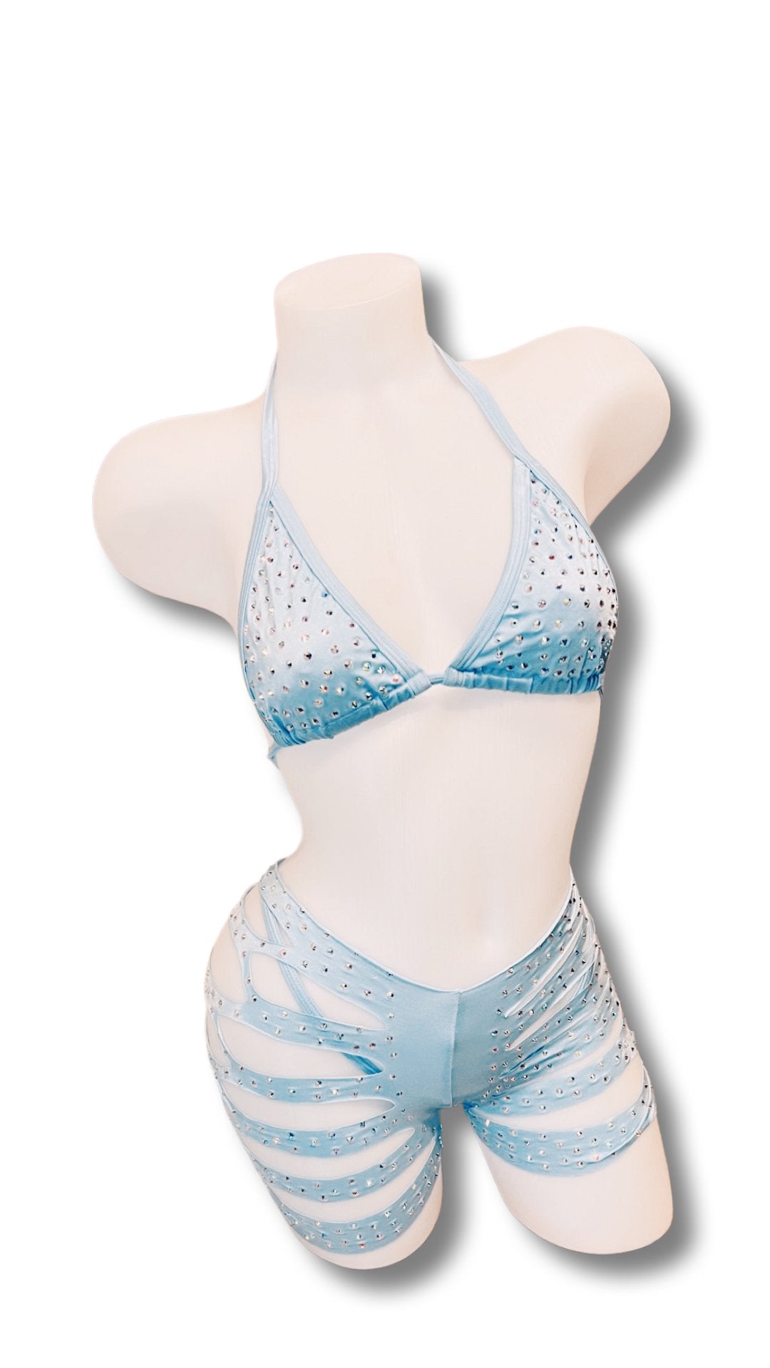 Rhinestone Triangle Top and Cut Out Short Set Baby Blue - Model Express VancouverBikini