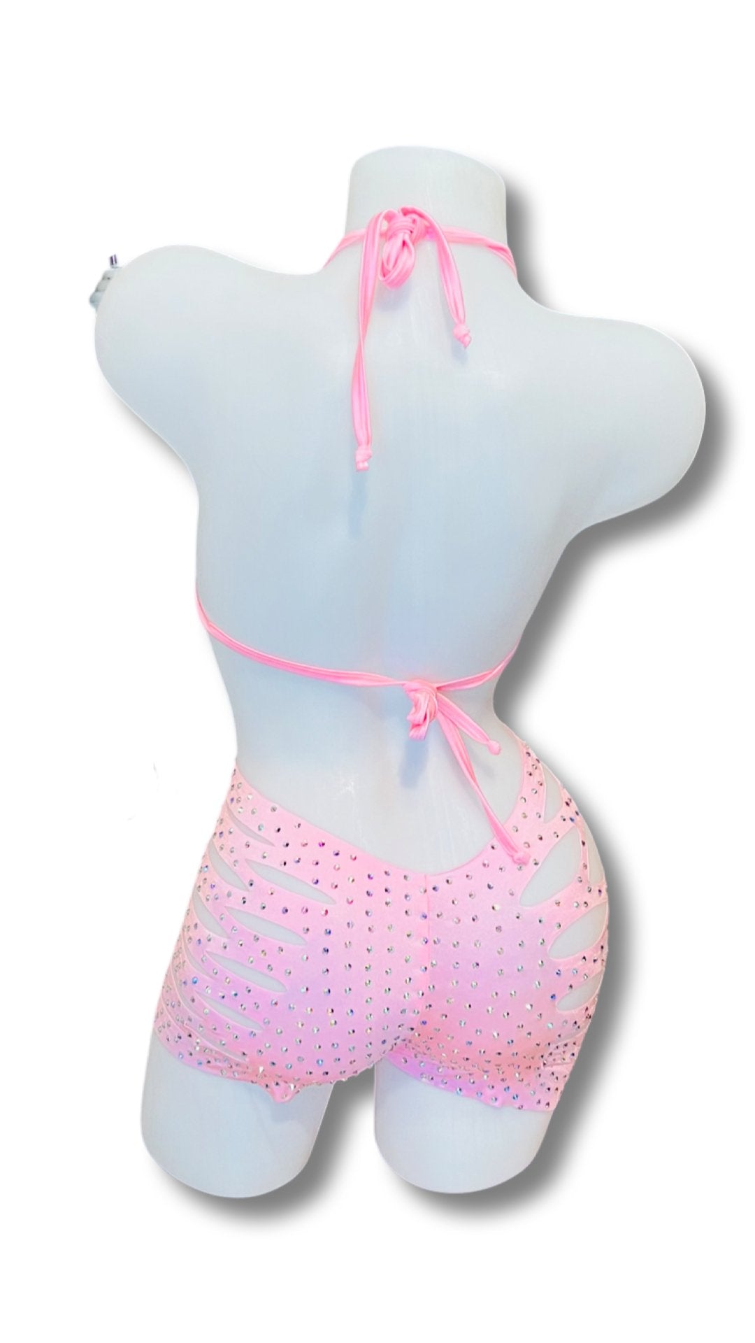 Rhinestone Triangle Top and Cut Out Short Set Baby Pink - Model Express VancouverBikini