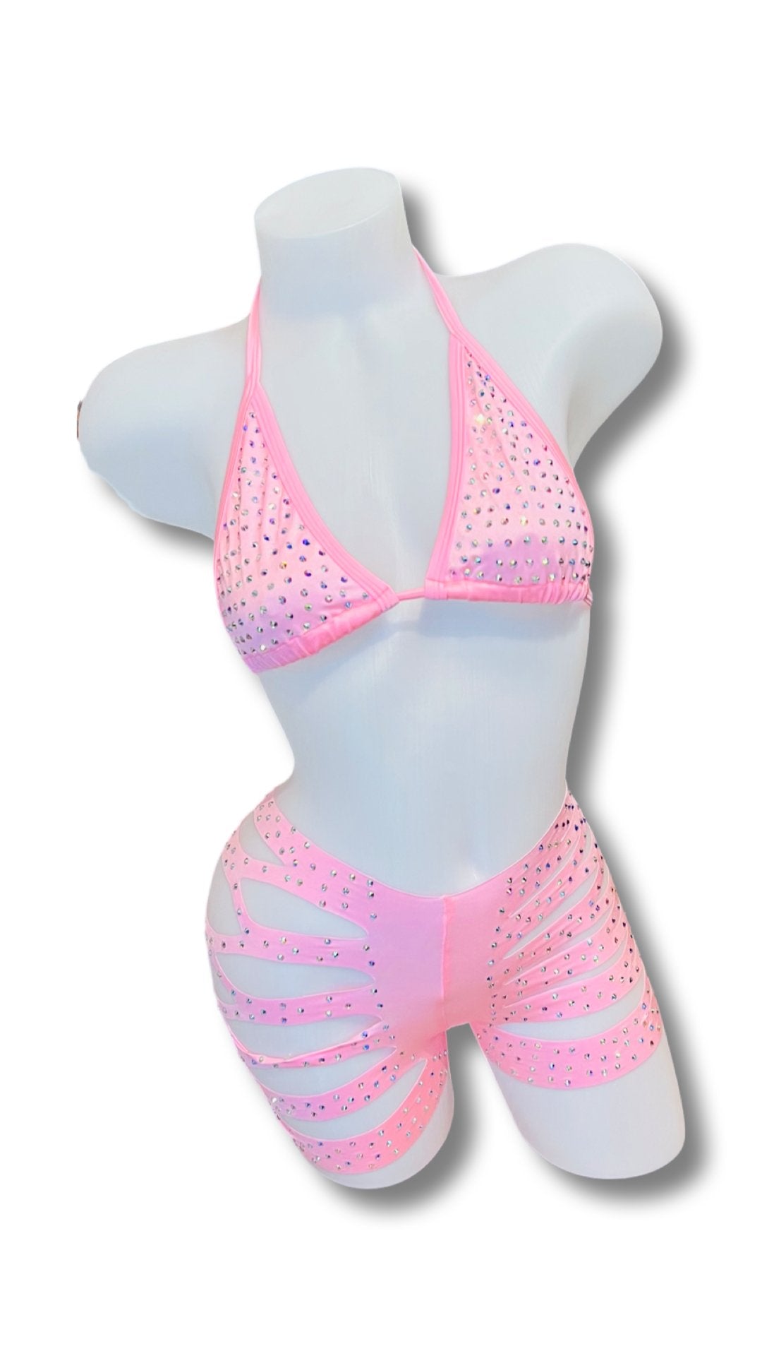 Rhinestone Triangle Top and Cut Out Short Set Baby Pink - Model Express VancouverBikini