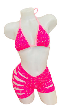 Rhinestone Triangle Top and Cut Out Short Set Baby Pink/Hot Pink - Model Express VancouverBikini