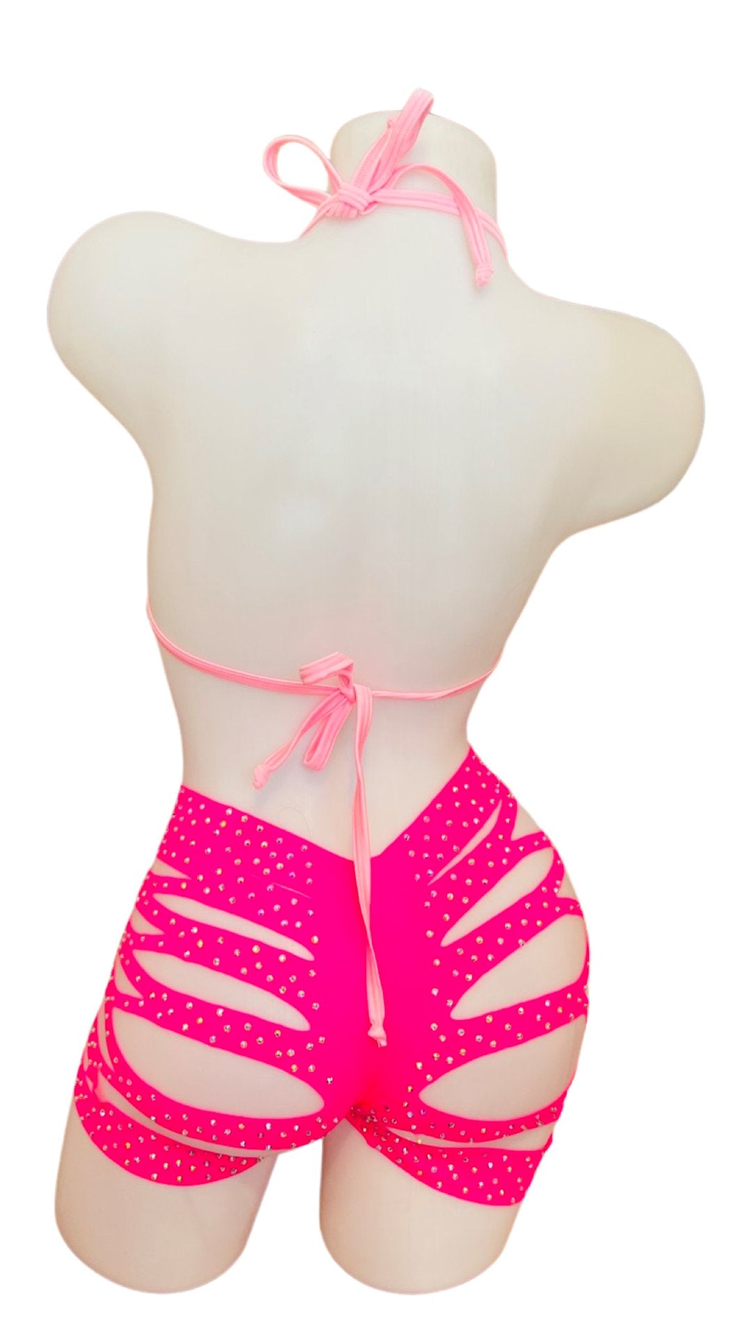 Rhinestone Triangle Top and Cut Out Short Set Baby Pink/Hot Pink - Model Express VancouverBikini