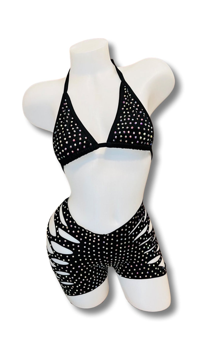 Rhinestone Triangle Top and Cut Out Short Set Black - Model Express VancouverBikini