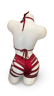 Rhinestone Triangle Top and Cut Out Short Set Burgundy - Model Express VancouverBikini