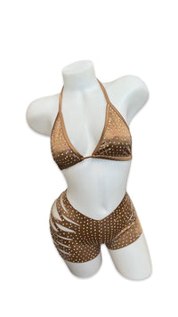 Rhinestone Triangle Top and Cut Out Short Set Camel - Model Express VancouverBikini