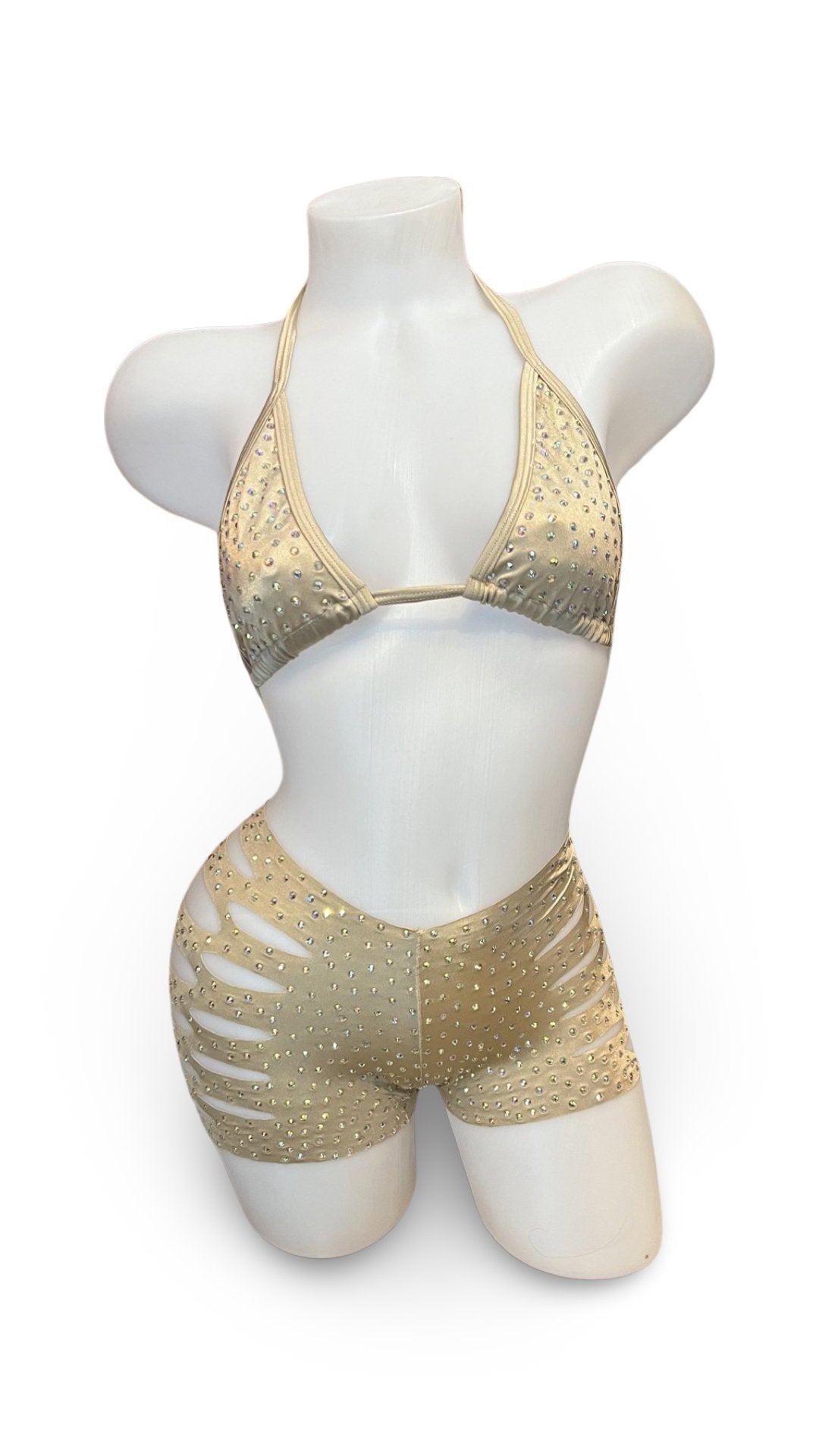 Rhinestone Triangle Top and Cut Out Short Set Champagne - Model Express VancouverBikini