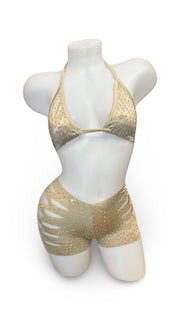 Rhinestone Triangle Top and Cut Out Short Set Champagne - Model Express VancouverBikini