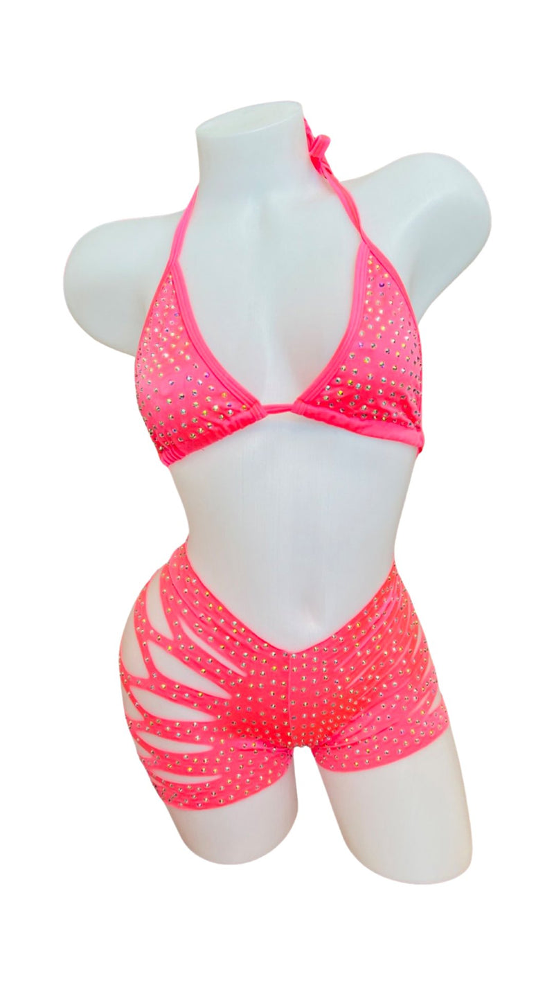 Rhinestone Triangle Top and Cut Out Short Set Coral - Model Express VancouverBikini