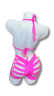 Rhinestone Triangle Top and Cut Out Short Set Hot PInk - Model Express VancouverBikini