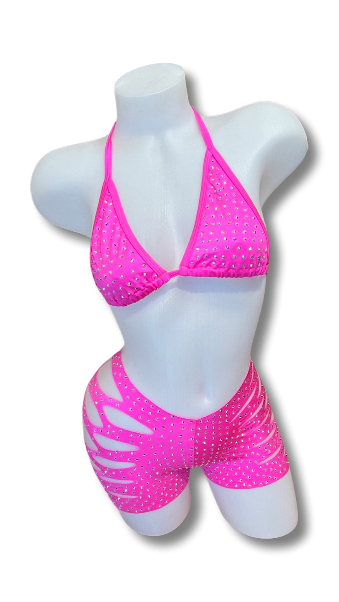 Rhinestone Triangle Top and Cut Out Short Set Hot PInk - Model Express VancouverBikini