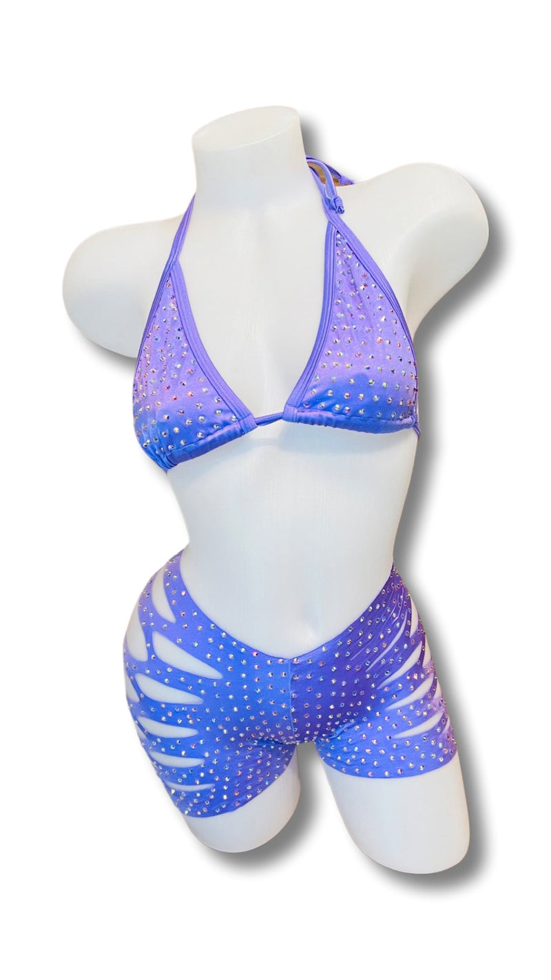 Rhinestone Triangle Top and Cut Out Short Set Lavender - Model Express VancouverBikini